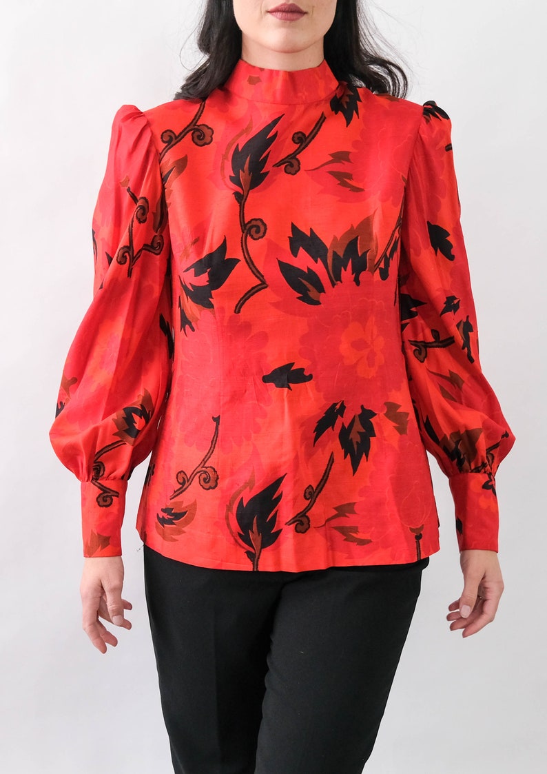 Vintage 70s Irene Thai Silk Ruby Red Floral Print Blouse w/ Pleated Poof Sleeves Made in Thailand 100% Silk 1970s Designer Asian Top image 2
