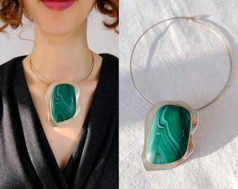 Vintage 80s Joyce Quintana Signed Sterling Silver & Malachite Choker Necklace | Sterling Silver, Natural Stone | 1980s Avant Garde Jewelry