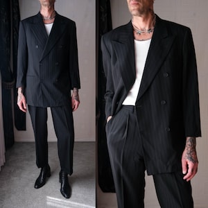 Vintage 90s HUGO BOSS Einstein Black & Navy Pinstripe Wool
