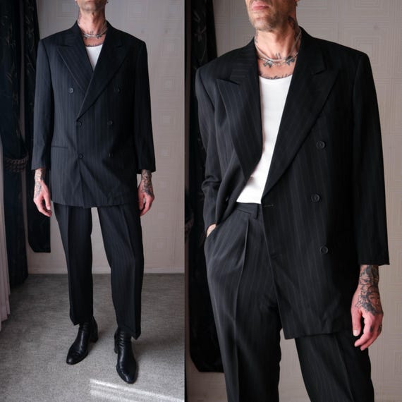 〔Vintage〕90s Black navy Simple suit デカ襟 Mens Vintage US Navy Double Breasted Black Blazer Small