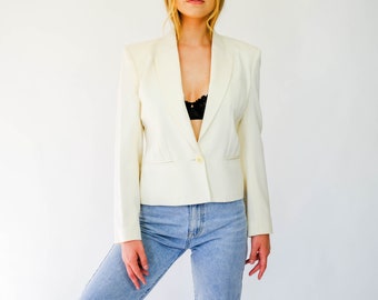 vintage années 90 CAPRICCIO Blanc Recadré Tuxedo Style Single Button Blazer | 100% Laine Gabardine | Veste de dîner Power Shoulder designer des années 1990