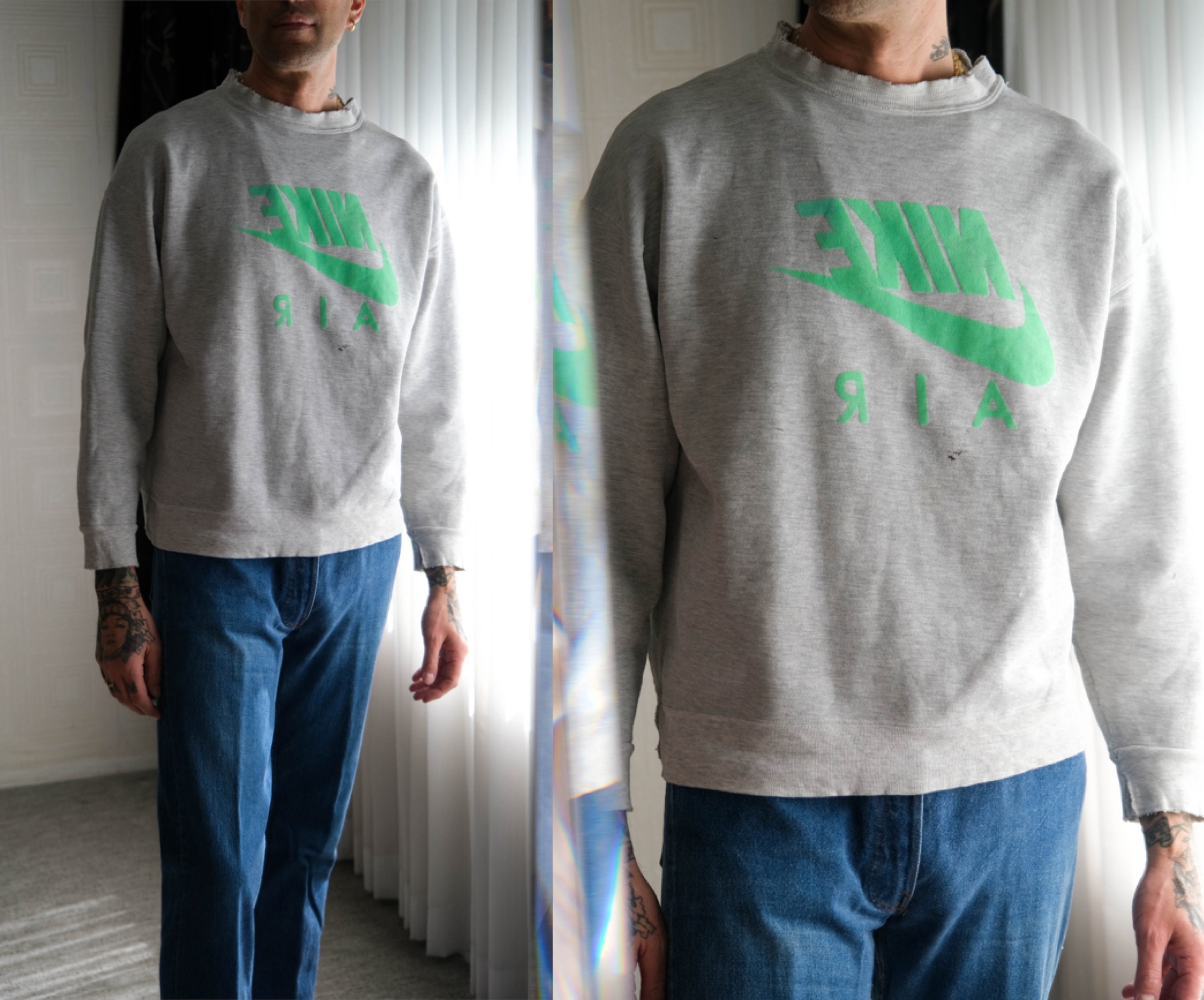 Vintage 90s NIKE AIR Destroyed Gray Crewneck Sweatshirt W Puff