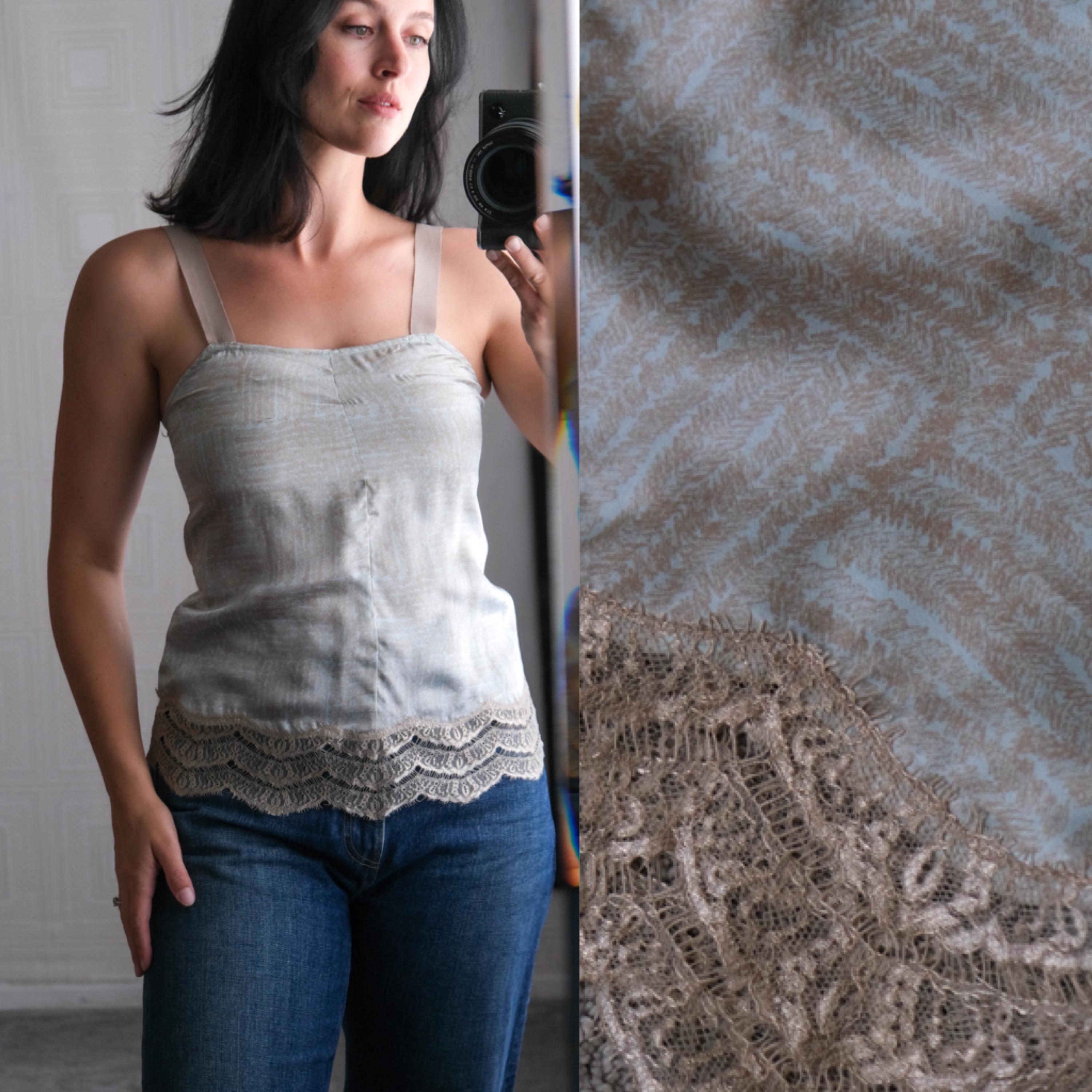 Vintage Y2K Banana Republic Silk & Silver Lace Camisole w/ Adjustable Ribbon Strap Tank Top | Negligee Noir | Y2K 2000s Designer Silk Top