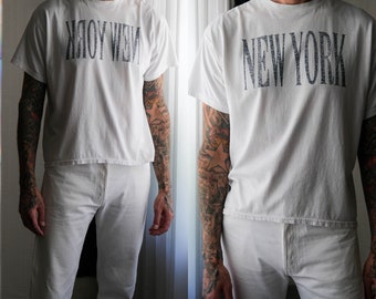 Vintage 90s New York Fruit of the Loom Boxy Fit Distressed Print Tee Shirt | CBGB, Punk Rock | 50/50 Cotton/Poly | 1990s NYC Unisex T-Shirt