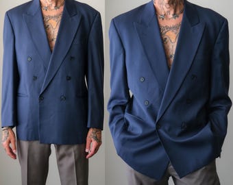 Vintage 90s DAVOLI UOMO Navy Smooth Sharkskin Gabardine Double Breasted Blazer | Made in Italy | Size 54 | 1990s Italian Designer Jacket