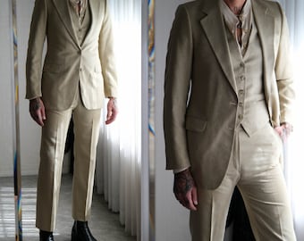 Vintage 70s Yves Saint Laurent Sandy Tan Silk Blend Three Piece Flare Leg Suit | Made in France | 1970s YSL French Designer Tailored Suit