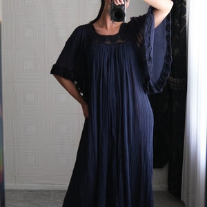 Vintage 70s Navy Blue Gauze Cotton Maxi Fairy Sleeve Peasant Dress w/ Macrame Trim 100% Gauze Cotton 1970s Bohemian Summer Day Dress image 4