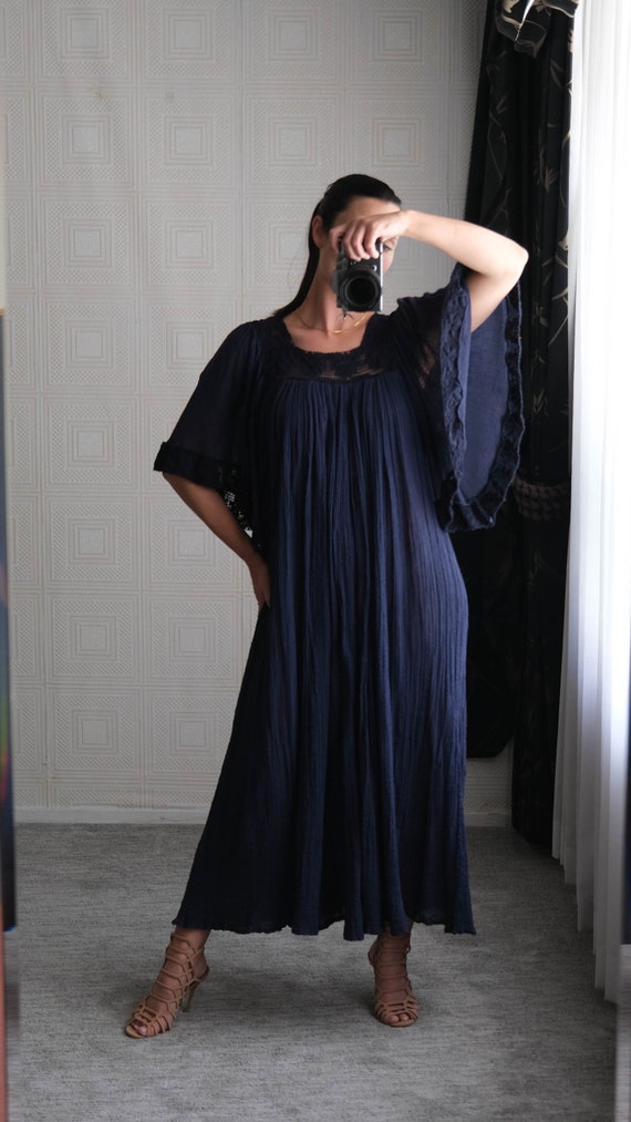 Vintage 70s Navy Blue Gauze Cotton Maxi Fairy Sle… - image 4