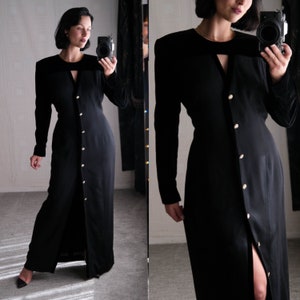 Vintage 90s ESCADA COUTURE Black Opera Tuxedo Maxi Evening Dress w/ Gemstone Buttons | Made in Switzerland | 1990s ESCADA Designer Dress