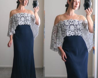 TADASHI SHOJI TEGAN Two Tone Navy Column Maxi Dress w/ Ivory Cotton Lace Ruffle Caplet |  2000s Designer Evening Floor Length Dress
