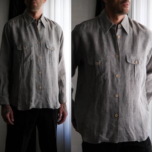 Vintage 80s Giorgio Armani Le Collezioni Light Gray Linen Shirt w/ Cream Buttons | Made in Italy | 100% Linen | 1980s Armani Designer Shirt