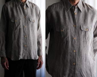 Vintage 80s Giorgio Armani Le Collezioni Light Gray Linen Shirt w/ Cream Buttons | Made in Italy | 100% Linen | 1980s Armani Designer Shirt