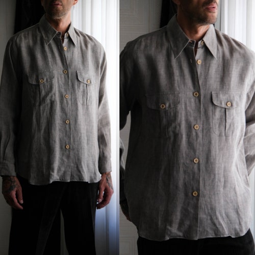 Vintage 80s Giorgio Armani Le Collezioni Light Gray Linen Shirt W