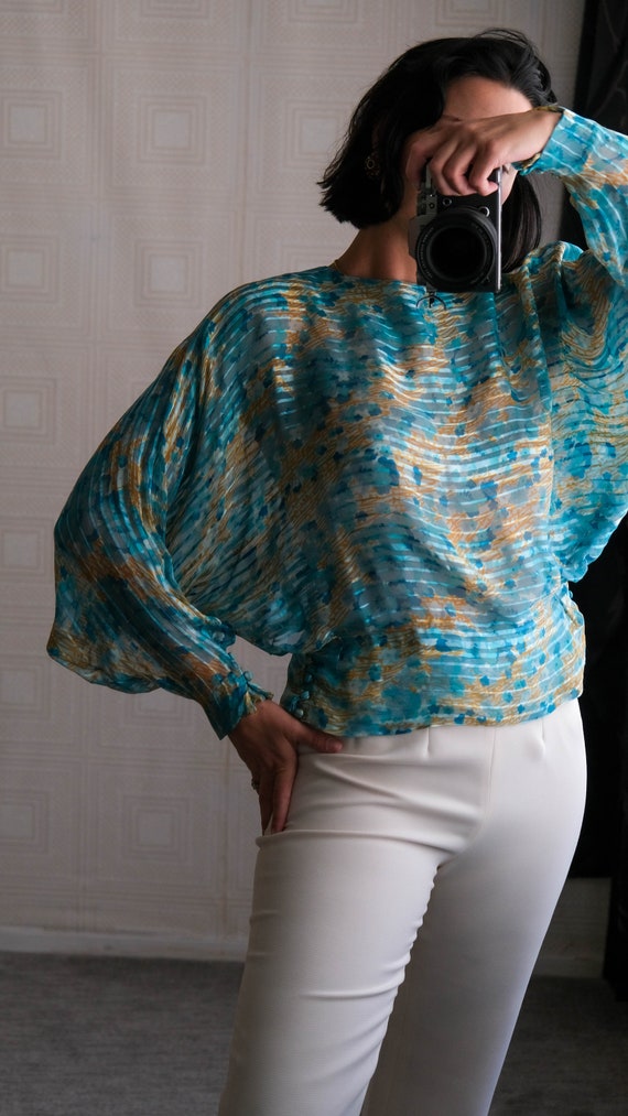 Vintage 70s THE SILK FARM Styled Blue & Yellow Sh… - image 4