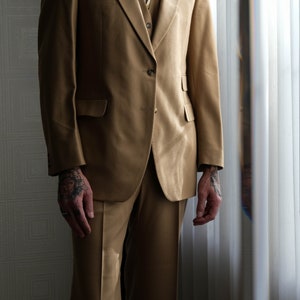 Vintage 70s Yves Saint Laurent Camel Tan Wool Gabardine Three Piece Flare Leg Suit Made in France 1970s YSL Designer Tailored Mens Suit image 2