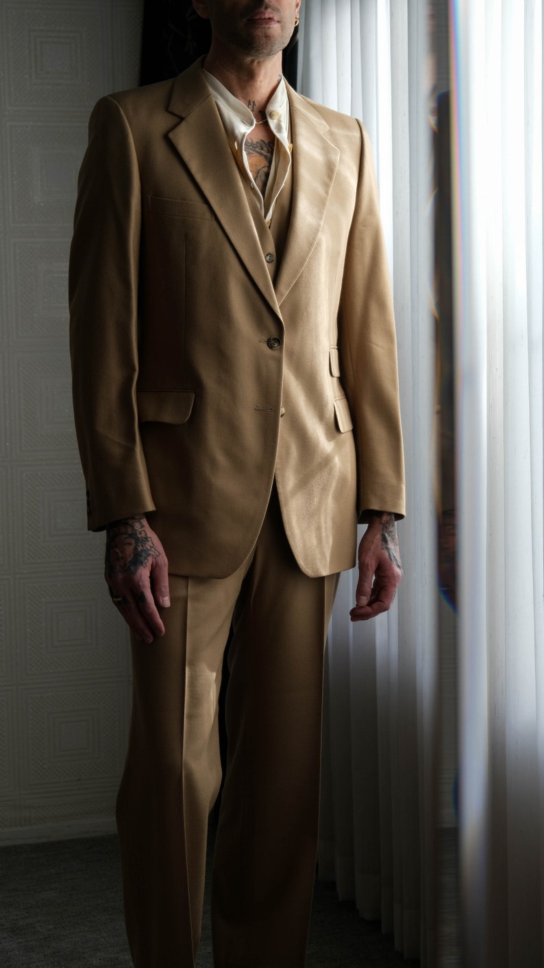 Vintage 70s Yves Saint Laurent Camel Tan Wool Gabardine Three Piece Flare Leg Suit Made in France 1970s YSL Designer Tailored Mens Suit image 2