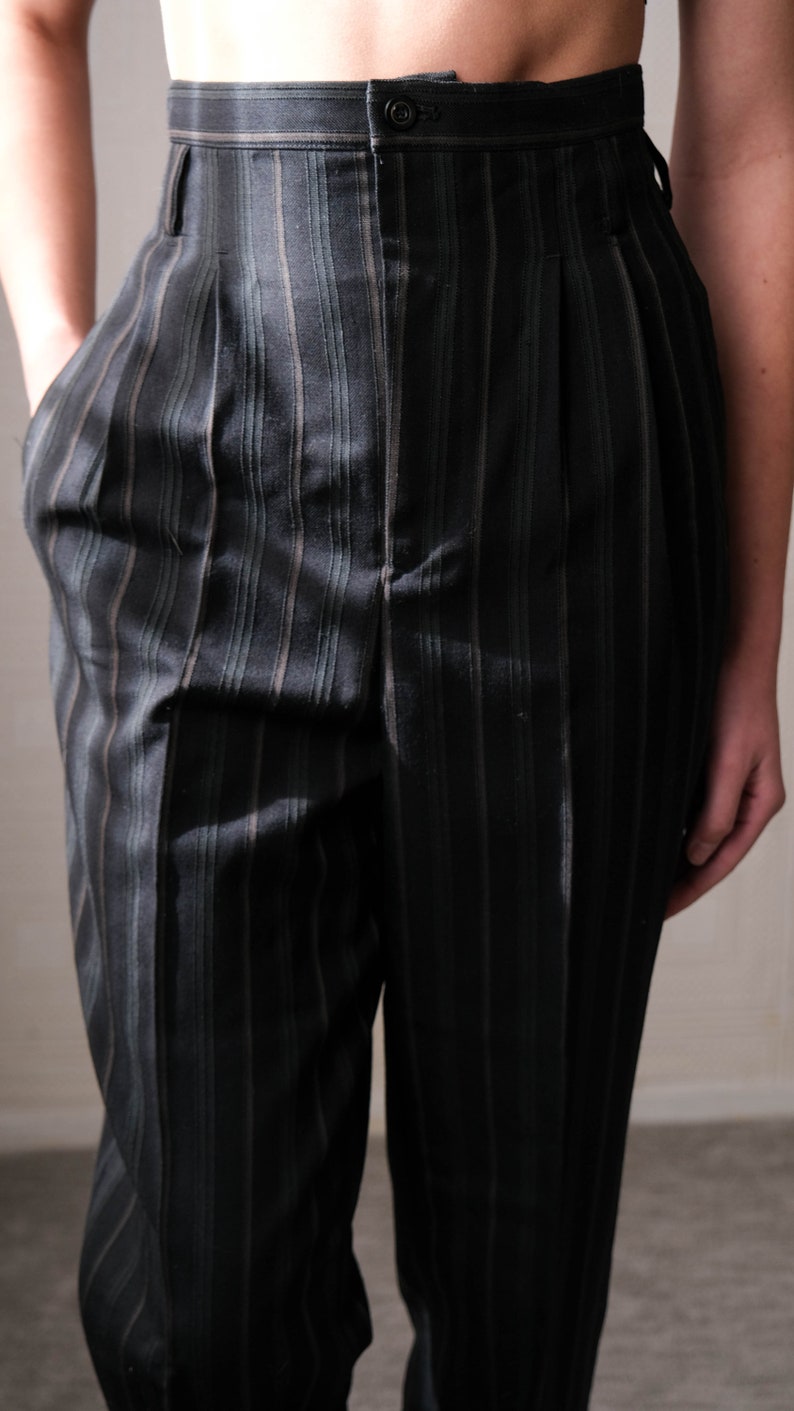 Vintage 80s MATSUDA Black & Dark Green Textured Stripe Gabardine High Waisted Tapered Pants Made in Japan 1980s Japanese Designer Pants image 4