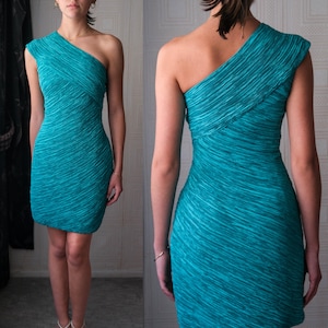 Vintage 80s Mary McFadden Couture for Berdorf Goodman Teal Fortuny Pleated One Shoulder Mini Dress | 1980s Designer Party Gown Evening Dress