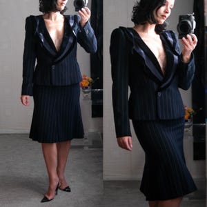 GIORGIO ARMANI 2006 Runway Navy Pinstripe w/ Silk Velvet Triple Shawl Collar Three Piece Suit  | Made in Italy | Y2K 2000s Designer Suit