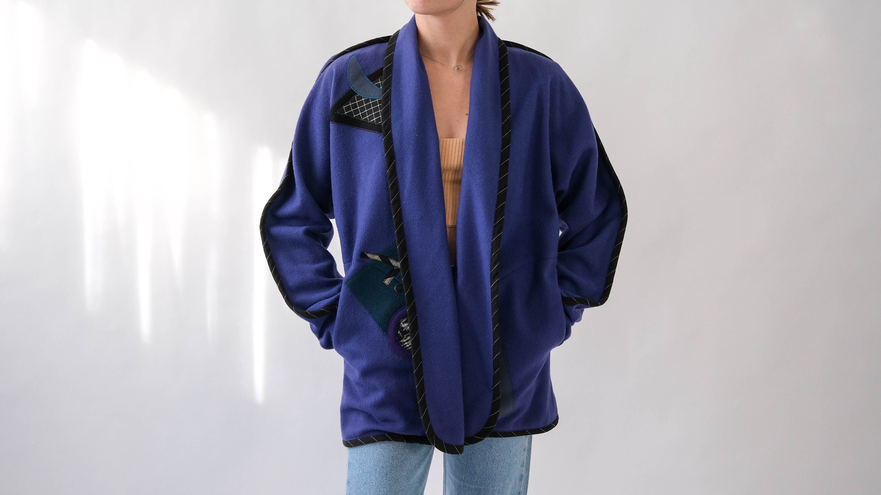 Vintage 80s BEPPA Deep Violet Wool Jacket W/ Geometric Applique