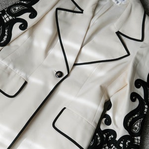 Vintage 90s JACQUES FATH PARIS White Longline Blazer w/ Black Trim & Paisley Applique Bell Sleeves Made in France 1990s Designer Jacket image 8