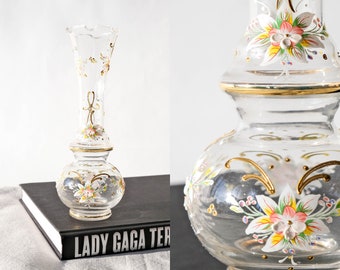 Vintage jaren '80 metallic goud getextureerde bloemen handgeschilderde vaas | Boho, Home Decor, Middelpunt, Bruiloft | Jaren 1980 Boho Painted Glass Vaas