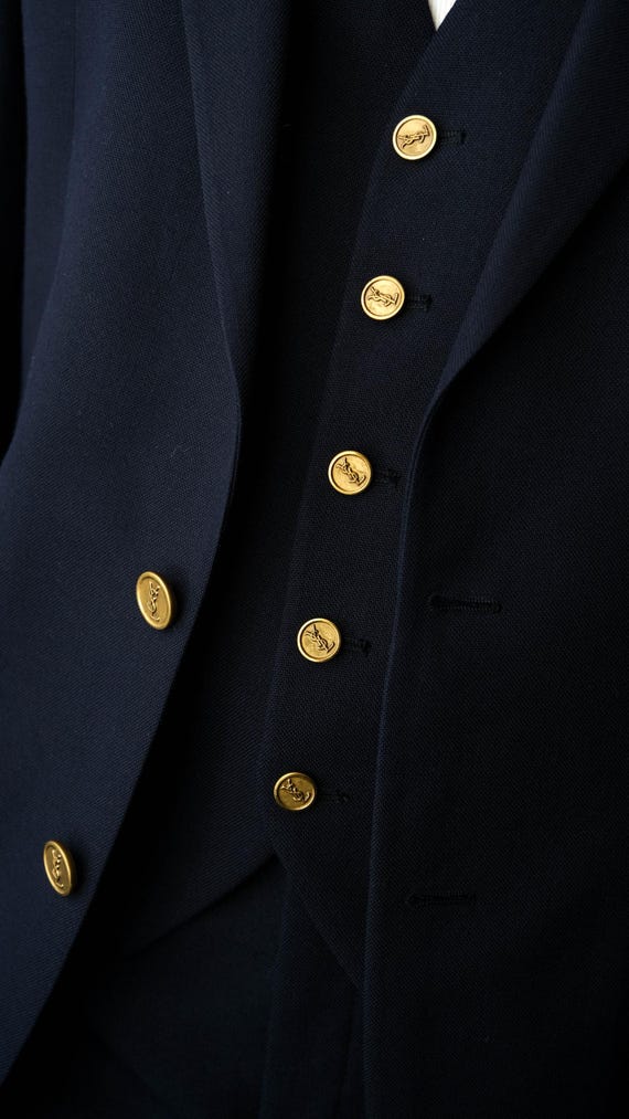 Vintage 70s Yves Saint Laurent Navy Gabardine Three Piece Flare