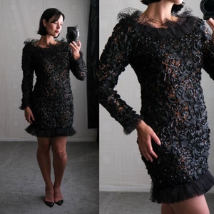 Vintage 80s Yves Saint Laurent Rive Gauche Black & Copper Sequined Mini Dress w/ Floral Soutache | Made in France | 1980s YSL Designer Dress