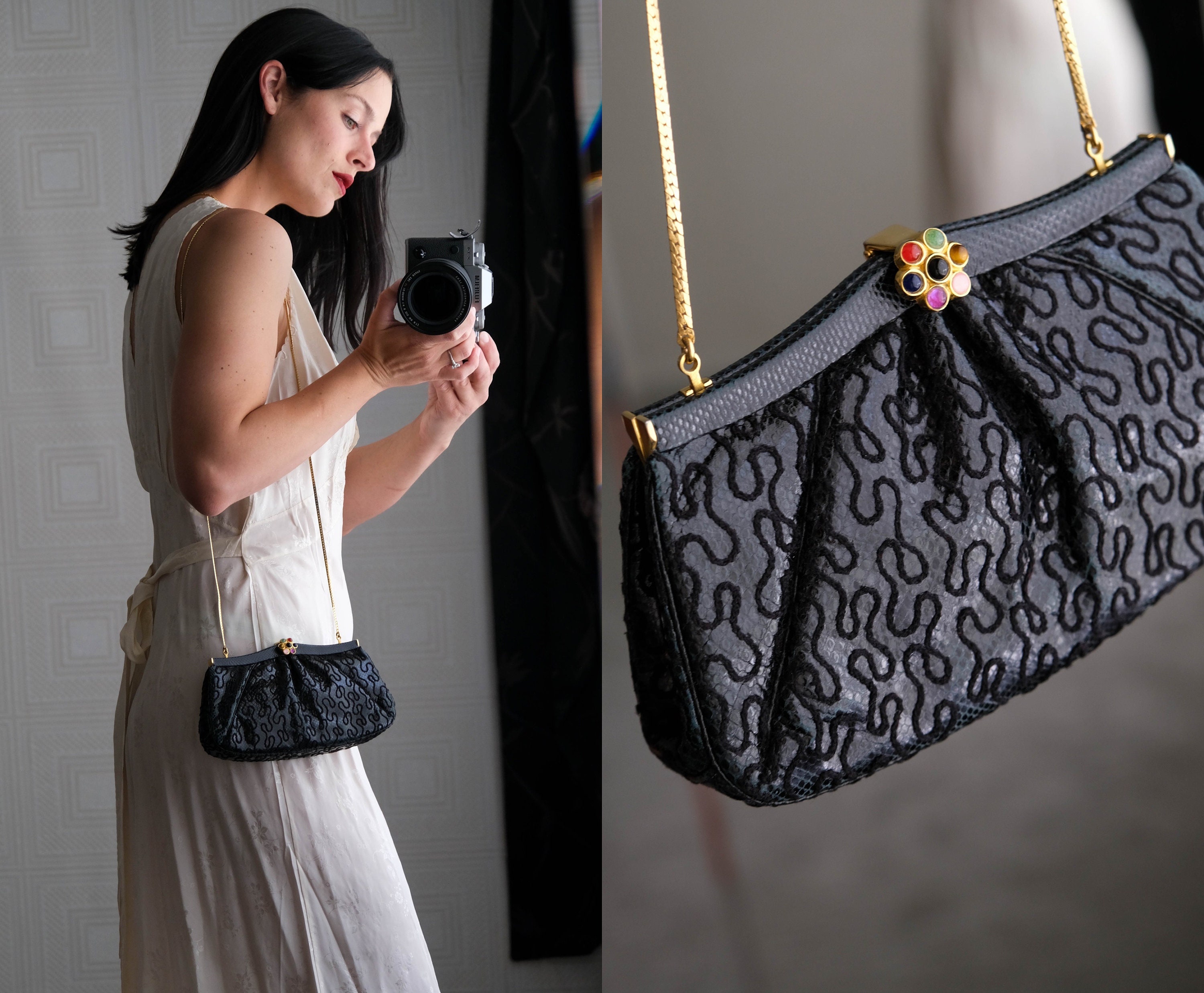 Vintage 80s Judith Leiber Black Shiny Karung Snakeskin