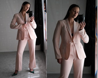 Vintage 90s Richard Tyler Couture Soft Pink Silk Tuxedo Flare Leg Pant Suit | Made in USA | 100% Silk | 1990s Richard Tyler Designer Suit