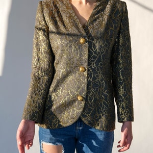 Vintage 80s Givenchy Gray & Metallic Gold Floral Brocade Broad Shoulder Blazer w/ Gold Wire Buttons Made in France 1980s Designer Jacket image 6