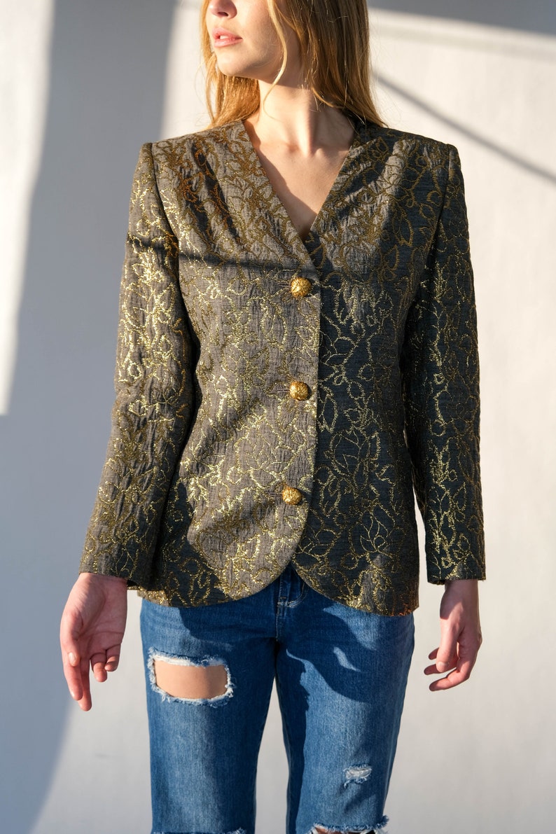 Vintage 80s Givenchy Gray & Metallic Gold Floral Brocade Broad Shoulder Blazer w/ Gold Wire Buttons Made in France 1980s Designer Jacket image 6