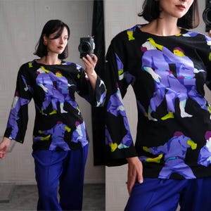 Vintage 70s KEN SCOTT for Lord & Taylor Vibrant Martial Art Hand Printed Bell Sleeve Blouse | Made in Italy | 1970s Italian Art Designer Top