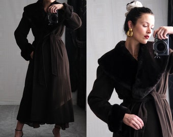 Vintage 80s Scaasi for Saks Fifth Avenue Chocolate Brown Wool Belted Overcoat w/ Genuine Fur Collar | Made in USA | 1980s Designer Jacket
