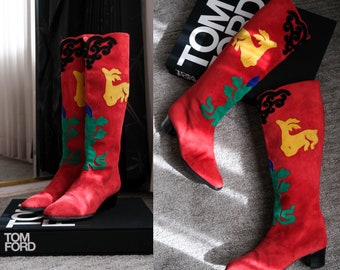 Vintage 80s Andrea Pfister Couture Red Suede Knee High Boots w/ Matisse Style Suede Cutout Designs | Size 7 | 1980s Designer Zip Boots