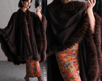 Vintage 70s Yves Saint Laurent Documented Dark Brown Cape w/ Fox & Sheered Beaver Fur Trim | Made in France | 1970s YSL Designer Fur Cape