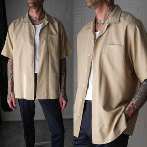 Vintage jaren 90 POLO Ralph Lauren lichtbruin Caldwell-shirt met zijdemix en luskraag | Maat extra groot | Jaren '50 poloshirt met kampkraag uit de jaren 1950