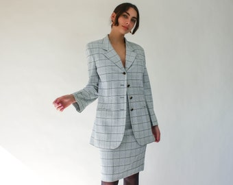 Vintage 80s Mary McFadden Powder Blue Plaid Broad Shoulder Blazer & Skirt Two Piece Set | USA Made Fabric | 1980s Designer Couture Suit Set