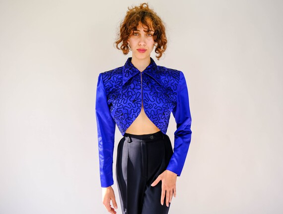 Vintage 80s Norma Kamali Couture Sapphire Blue Si… - image 2