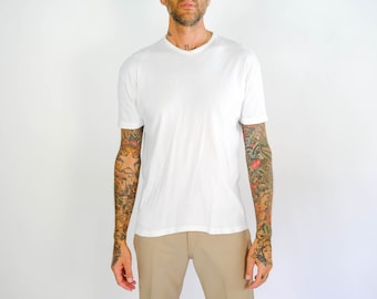 Vintage 90s Calvin Klein Baby Rib Micro V-Neck Blank White Tee Shirt | Made in USA | 100% Cotton | 1990s CK Designer Undershirt T-Shirt
