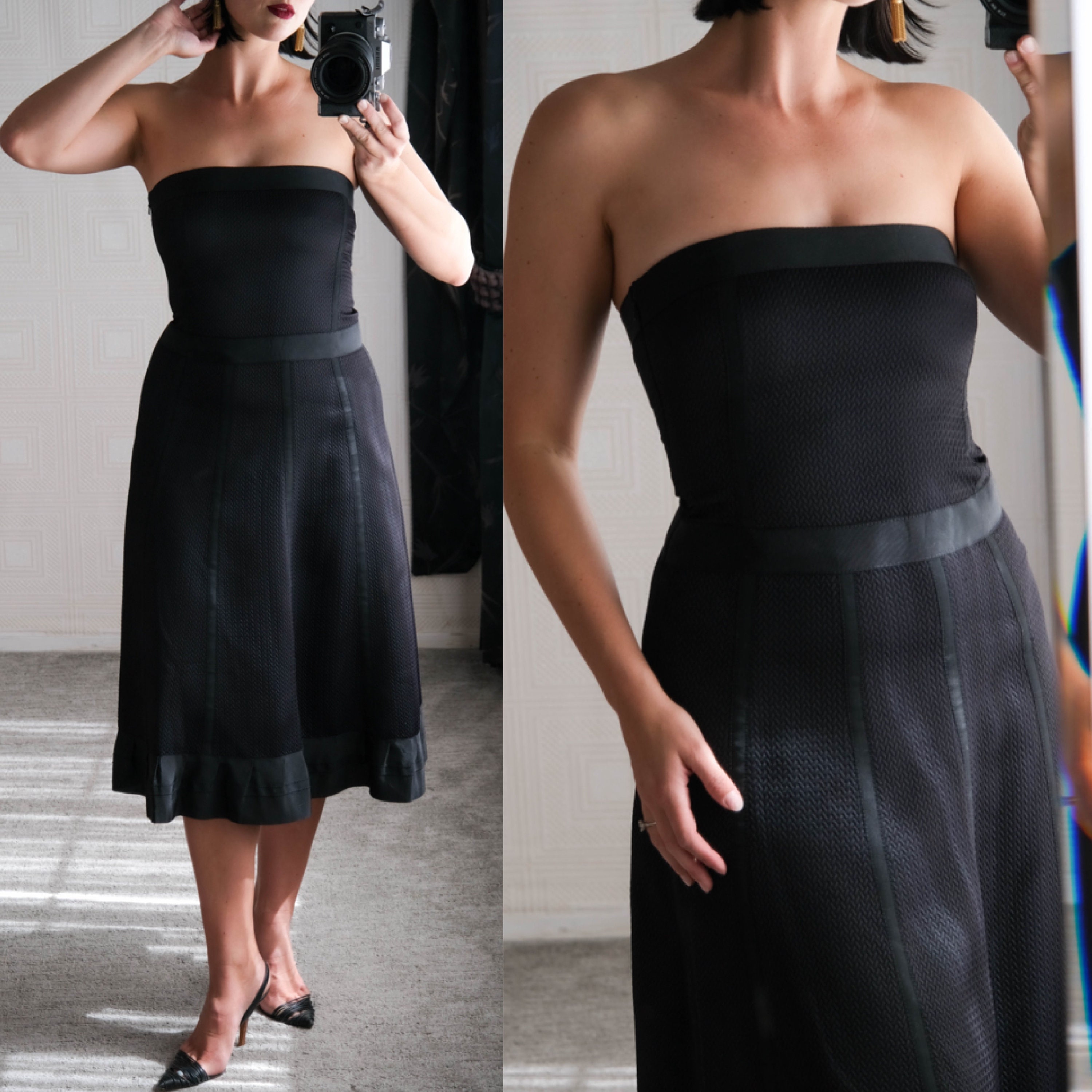 ◆43 美品 レア 90s DKNY ドレープ ノースリーブ カットソー 黒 Vintage 90s DKNY Black Label Strapless Chevron & Ribbon Structured