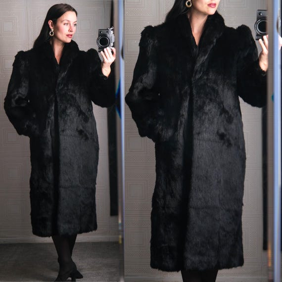 Vintage 80s KAMAL Black Rabbit Fur Longline Coat W/ Hidden Pockets
