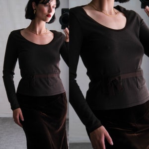 Vintage VALENTINO Rich Brown Wool Fleece Long Sleeve Scoop Neck Top w/ Pockets & Grosgrain Bow  | Made in Italy | Y2K Designer Sweater Top