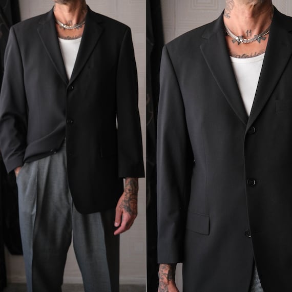 Hugo Boss, Vintage 90s HUGO BOSS Scorcese Black Gabardine Three Button Blazer w/ Ice Blue Sateen Lining | Made in USA | 1990s Designer Mens Jacket