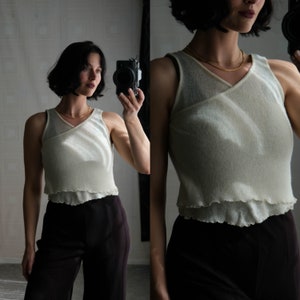 Vintage Y2K Casmari Cashmere Cropped Wrap Style Cream Tank Top Sweater Lettuce Hem Hand Loomed In The USA 2000s Designer Sweater Top image 1