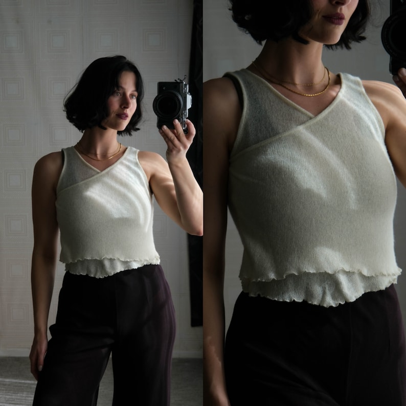 Vintage Y2K Casmari Cashmere Cropped Wrap Style Cream Tank Top Sweater Lettuce Hem Hand Loomed In The USA 2000s Designer Sweater Top image 1