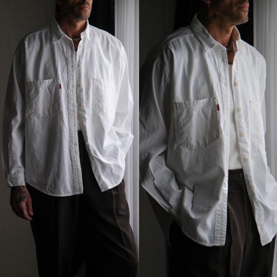Levi's, Vintage 80s LEVIS White Chore Denim Boxy Long Sleeve Shirt Unworn w/ Tags | Made in USA | 100% Cotton | 1980s LEVIS Designer Mens Shirt
