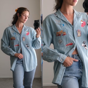 Vintage 80s Denim Button Down Long Sleeve Shirt w/ 1950s Themed Route 66 Vegas Patchwork | 100% Cotton | Made in USA | 1980s Jean Top