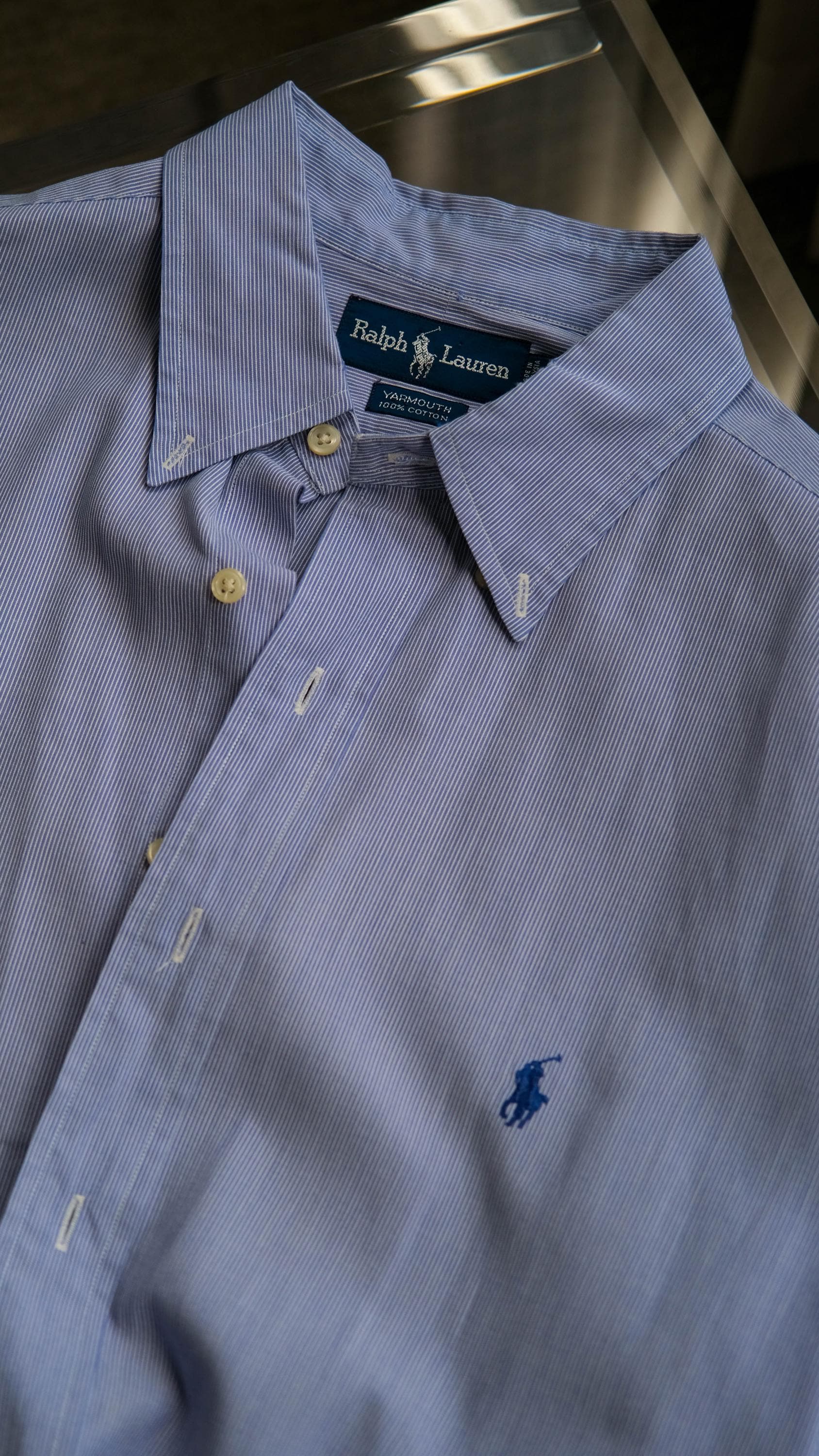 Vintage POLO Ralph Lauren Chambray Blue Pinstripe Textured