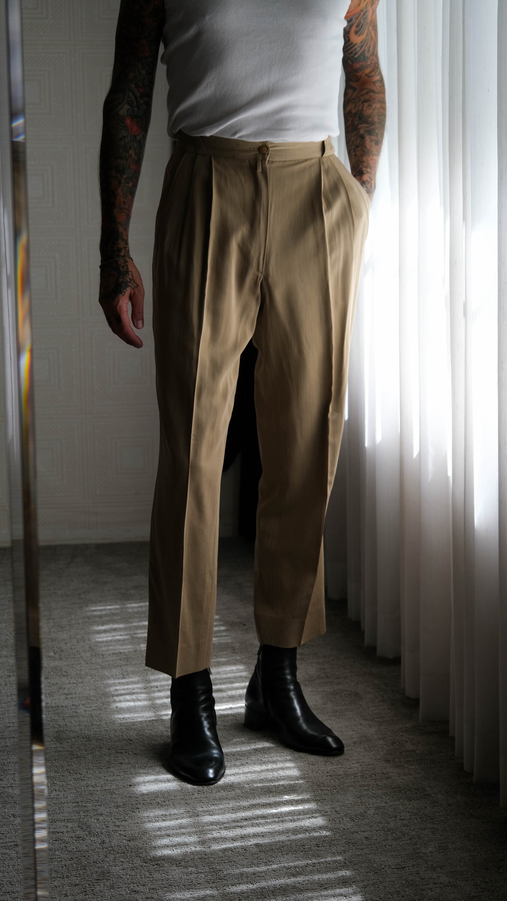 Vintage 90s Gianni Versace Light Olive Gabardine Triple Pleated